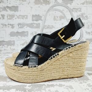 Marc Fisher Alenni Black Leather Espadrilles Wedges Sandals M1010